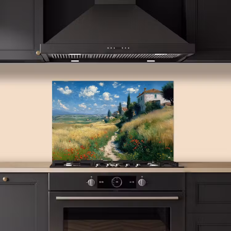 Spatscherm keuken - Zandpad - Huis - Bomen - Grasveld — 5