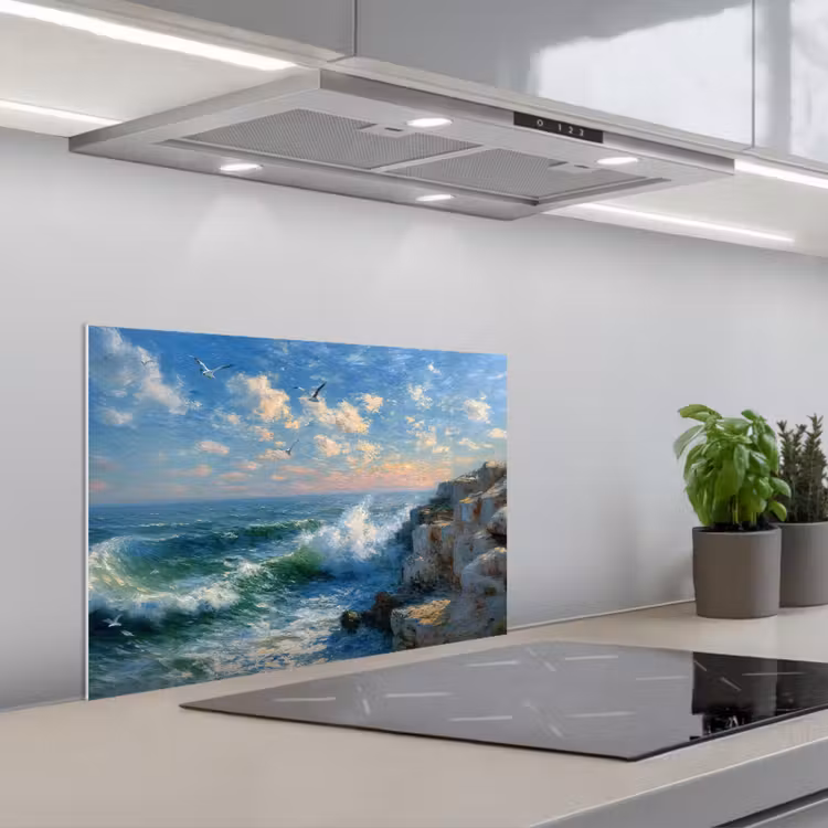 Spatscherm keuken - Zee - Golven - Rotsen - Meeuwen — 1