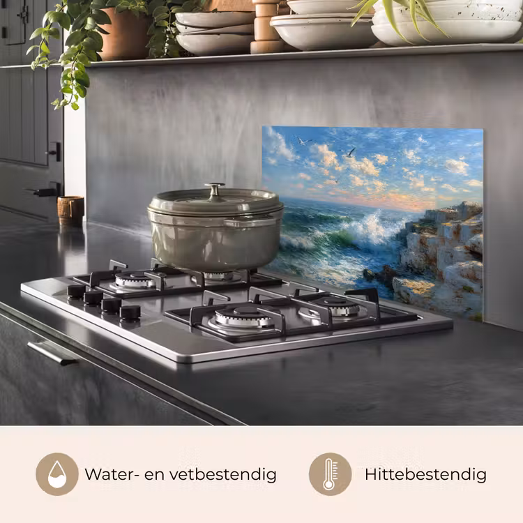 Spatscherm keuken - Zee - Golven - Rotsen - Meeuwen — 2