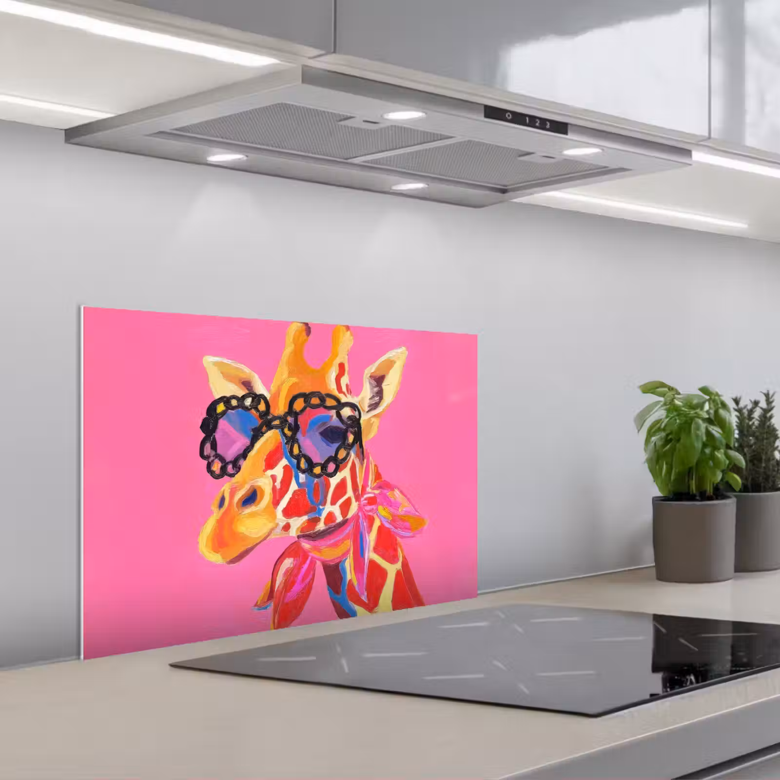 Spatscherm keuken - Giraf - Roze - Bril - Sjaal — 1