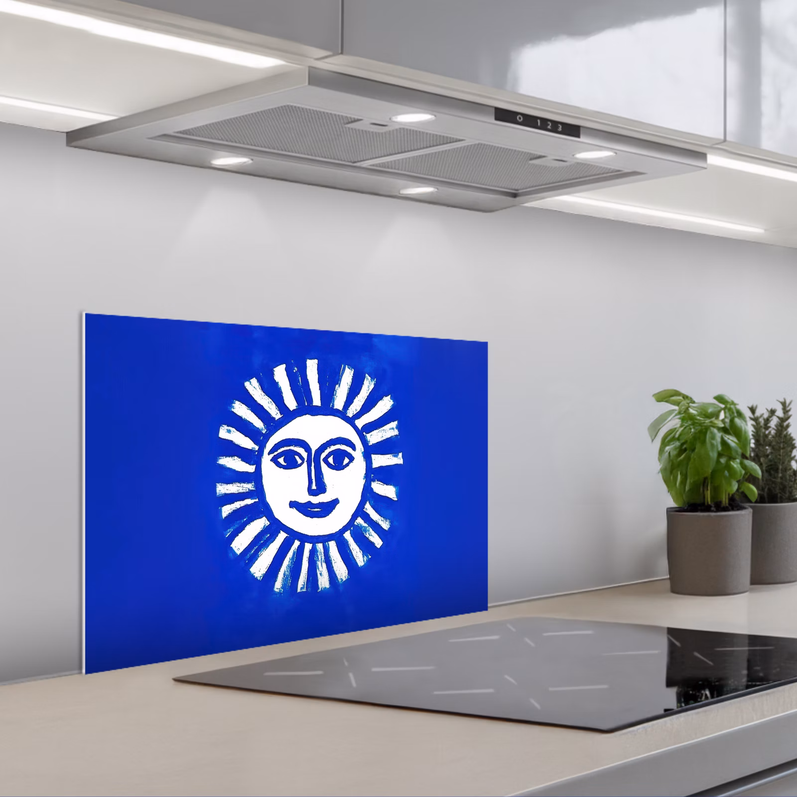 Spatscherm keuken - Zon - Gezicht - Penseelstructuur - Blauw — 1