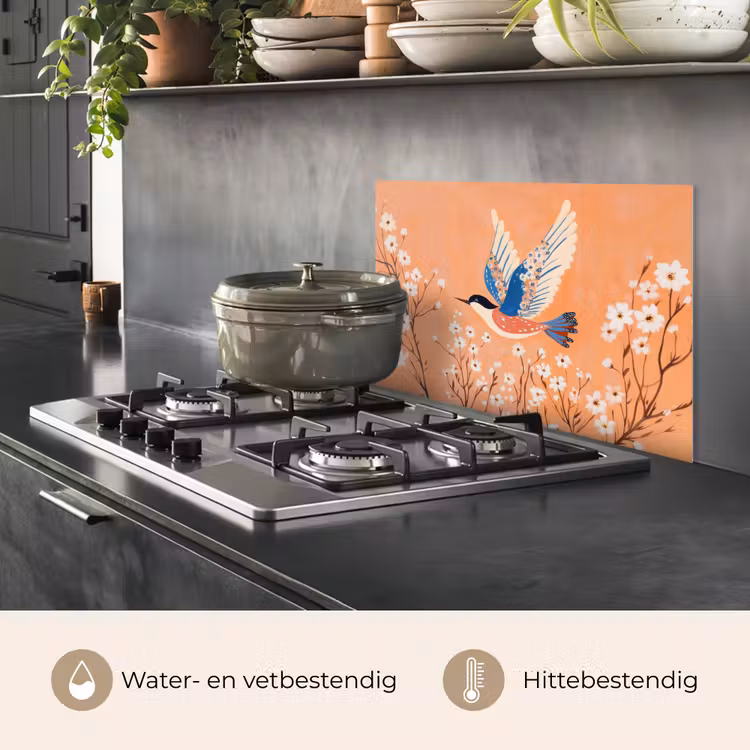 Spatscherm keuken - Vogel - Bloesemtakken - Warm - Kleurrijk — 2