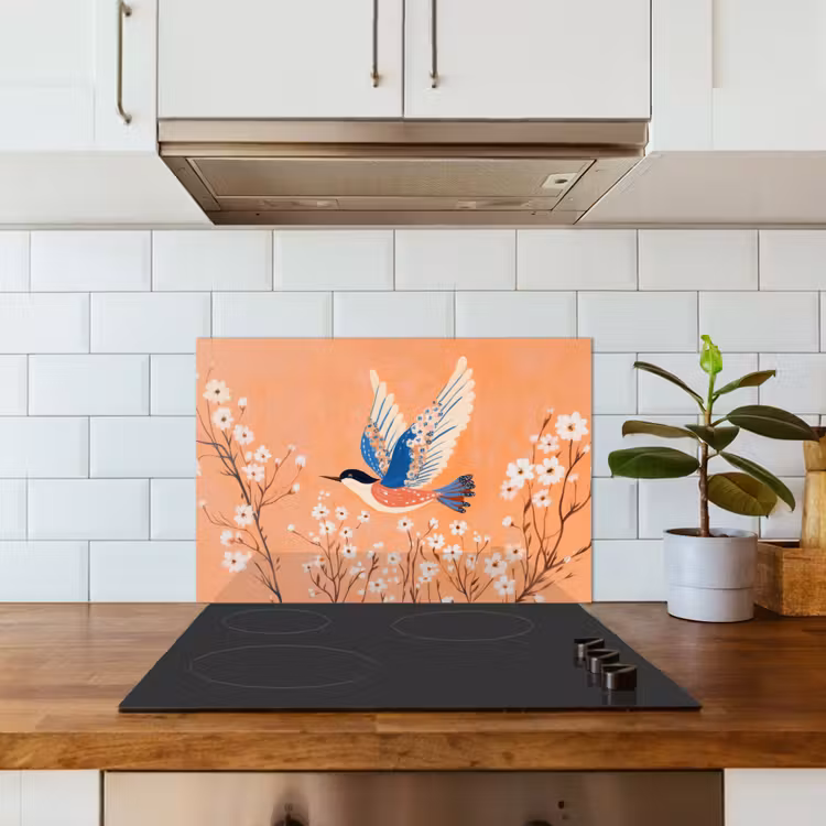 Spatscherm keuken - Vogel - Bloesemtakken - Warm - Kleurrijk — 3