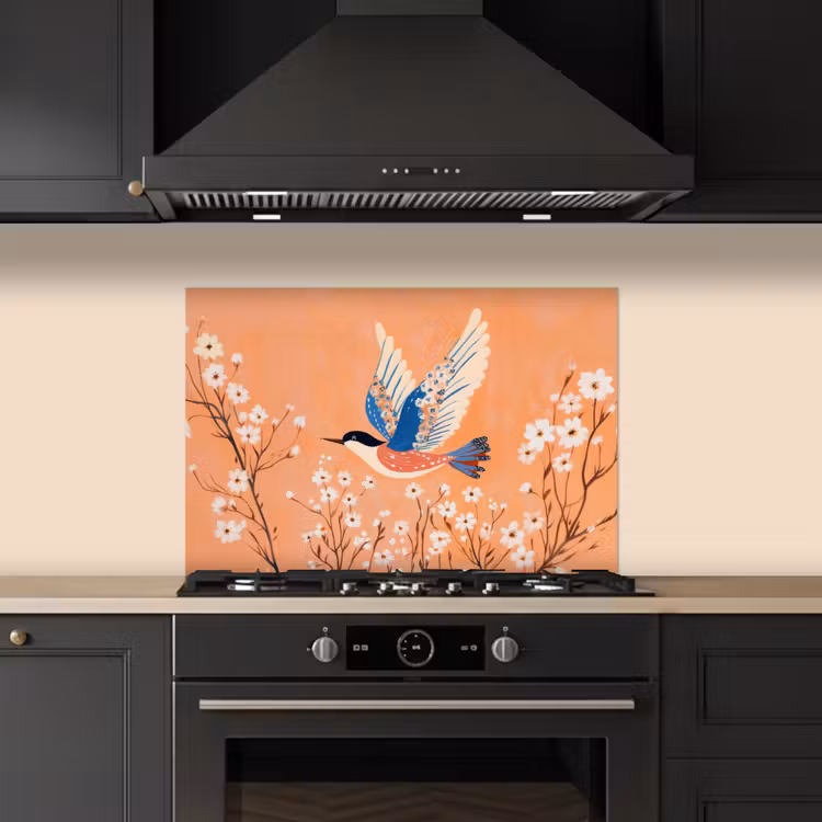 Spatscherm keuken - Vogel - Bloesemtakken - Warm - Kleurrijk — 5