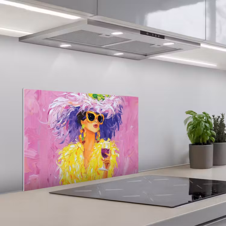 Spatscherm keuken - Zonnebril - Vrouw - Jas - Veren — 1