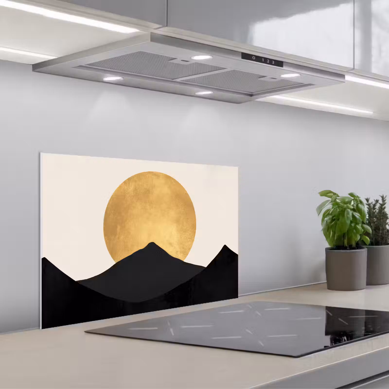 Spatscherm keuken - Bergsilhouetten - Gouden cirkel - Beige — 1