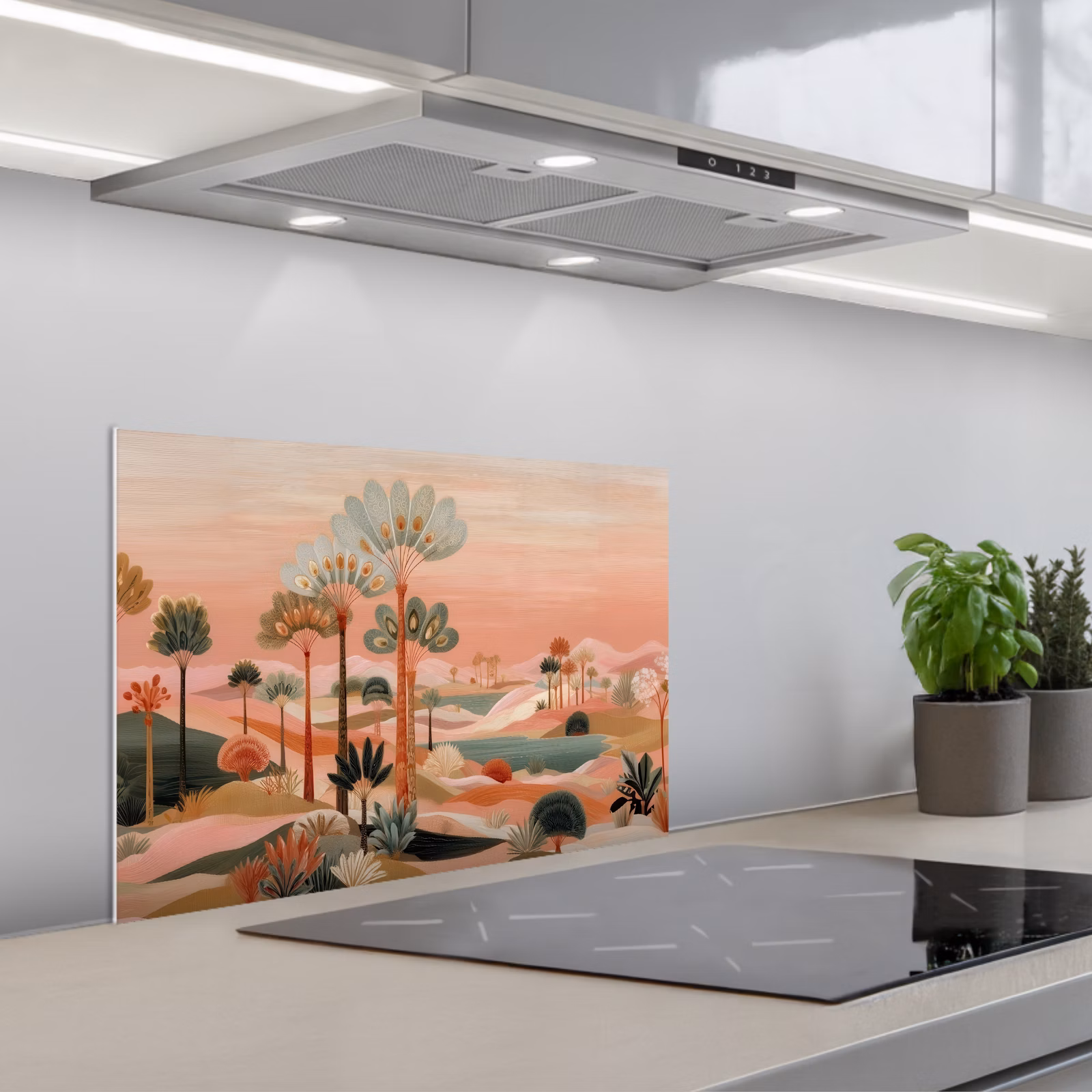 Spatscherm keuken - Roze landschap - Palmen - Water — 1
