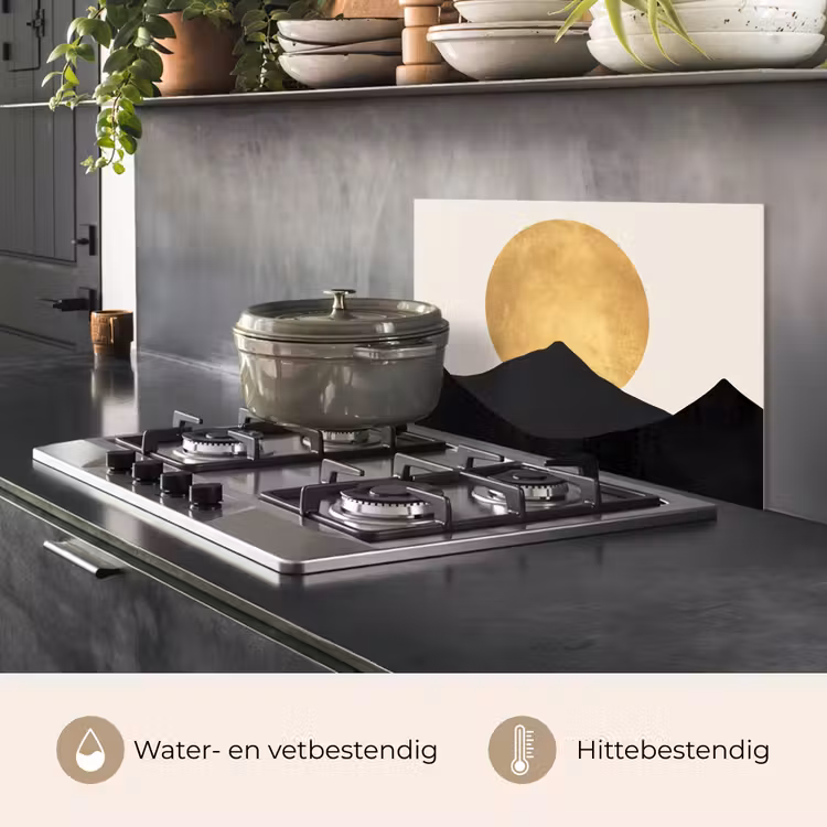 Spatscherm keuken - Bergsilhouetten - Gouden cirkel - Beige — 2