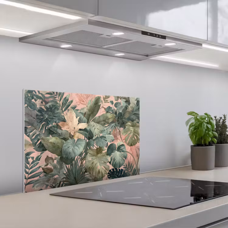 Spatscherm keuken - Compositie van bladeren - Groen - Roze — 1