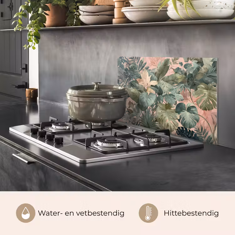 Spatscherm keuken - Compositie van bladeren - Groen - Roze — 2