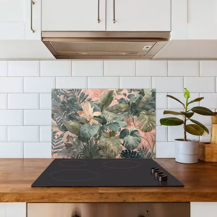 Spatscherm keuken - Compositie van bladeren - Groen - Roze — 3