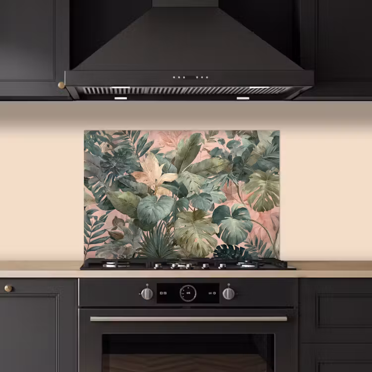 Spatscherm keuken - Compositie van bladeren - Groen - Roze — 5