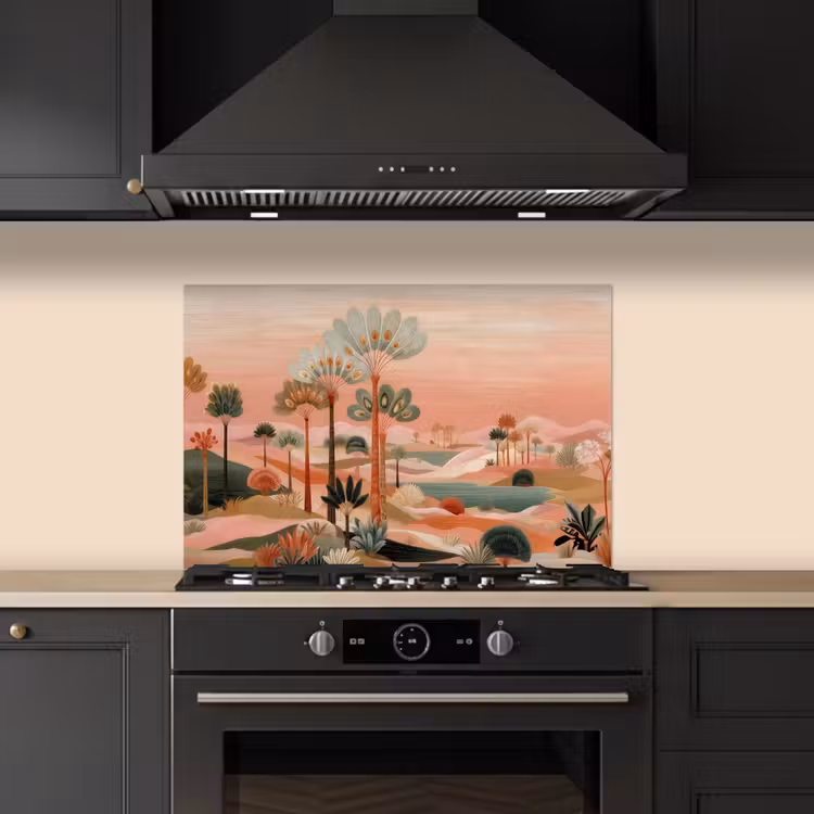 Spatscherm keuken - Roze landschap - Palmen - Water — 5