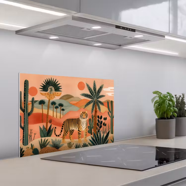 Spatscherm keuken - Tijger - Kleurrijk - Palmen - Cactus — 1
