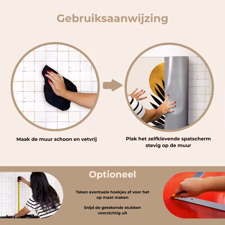 Spatscherm keuken - Zwart palmblad - Gouden cirkel - Beige achtergrond — 6