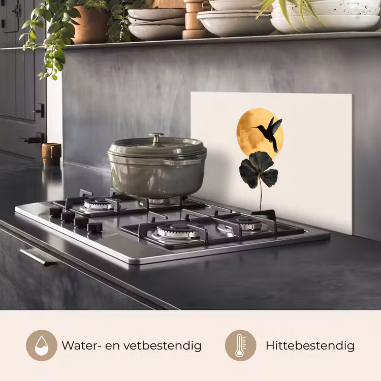 Spatscherm keuken - Zwarte kolibrie - Bloem - Gouden cirkel — 2