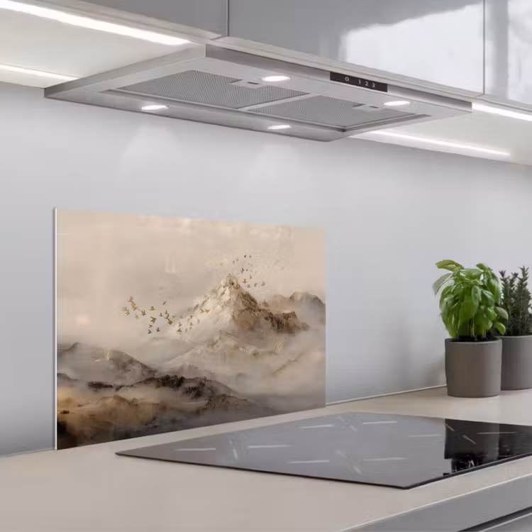 Spatscherm keuken - Berglandschap - Mist - Penseelstreken — 1