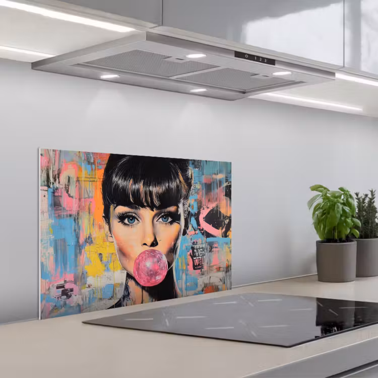 Spatscherm keuken - Kauwgom - Vrouw - Penseelstreken - Modern — 1