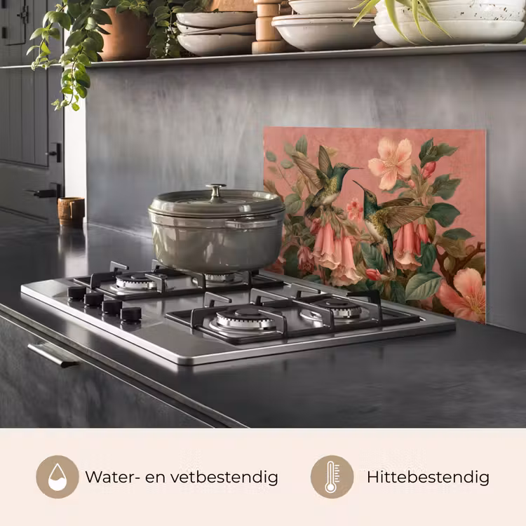 Spatscherm keuken - Kolibries - Bloemen - Groen - Roze — 2