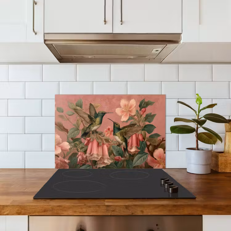 Spatscherm keuken - Kolibries - Bloemen - Groen - Roze — 3