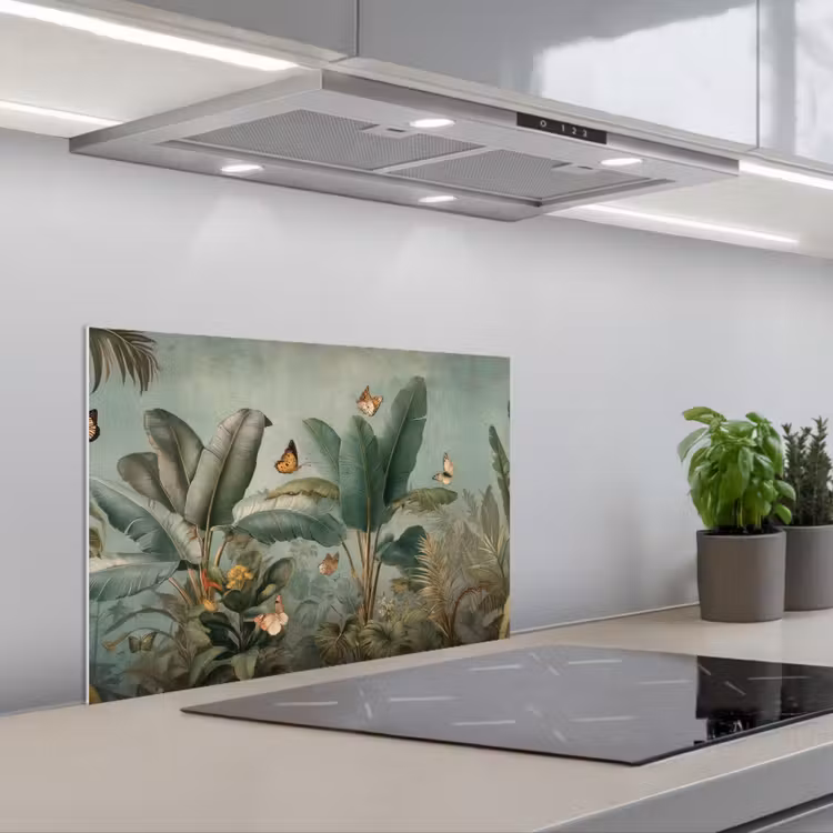 Spatscherm keuken - Tropisch bladerdek - Vlinders - groen - Bruin — 1
