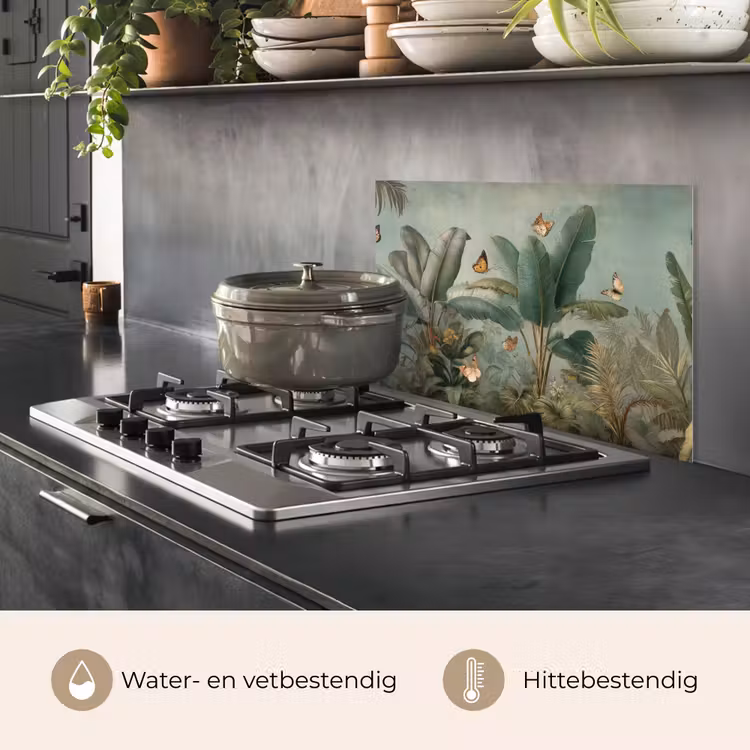 Spatscherm keuken - Tropisch bladerdek - Vlinders - groen - Bruin — 2