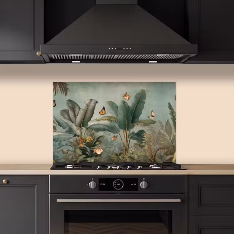 Spatscherm keuken - Tropisch bladerdek - Vlinders - groen - Bruin — 5