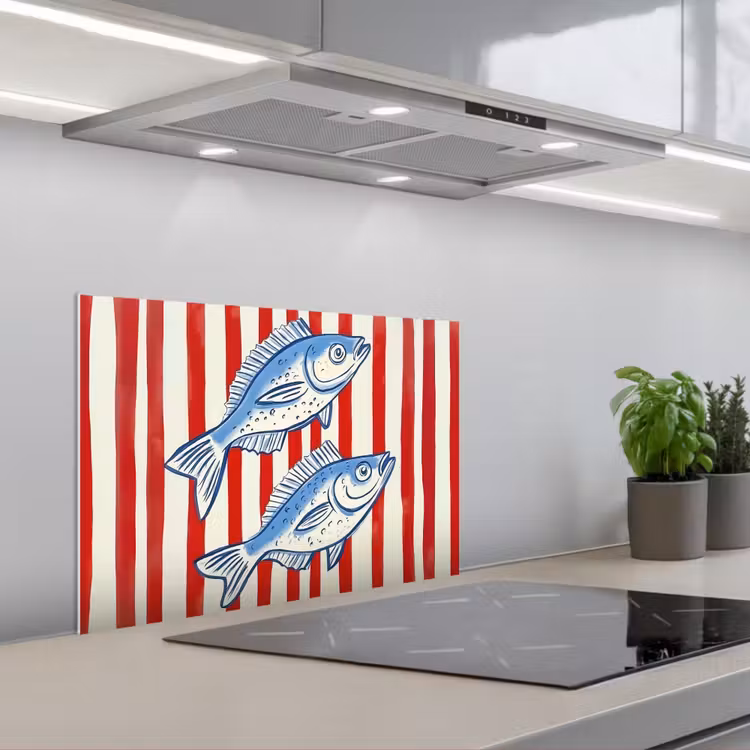 Spatscherm keuken - Vissen - Verticale strepen - Blauw - Rood — 1