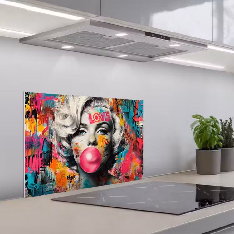 Spatscherm keuken - Vrouw - Kauwgom - Graffiti - Neonkleuren — 1
