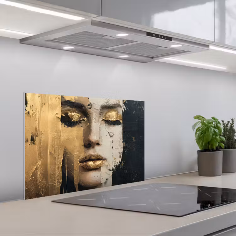 Spatscherm keuken - Abstract - Goud - Gezicht - Lippen — 1