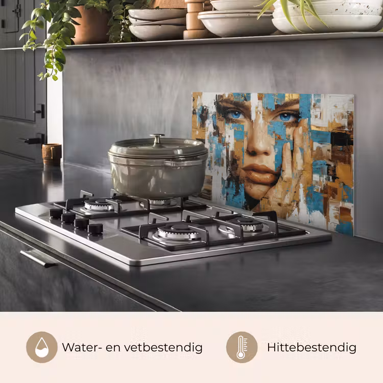 Spatscherm keuken - Abstract - Penseelstreken - Blauw - Gezicht — 2