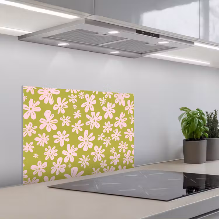 Spatscherm keuken - Bloemen - Roze - Getekend - Patroon — 1