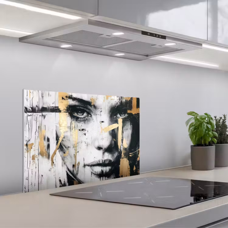 Spatscherm keuken - Portret - Vrouw - Penseelstreken - Goud — 1