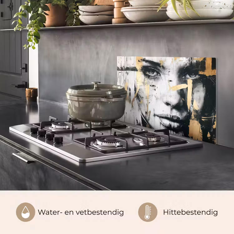Spatscherm keuken - Portret - Vrouw - Penseelstreken - Goud — 2