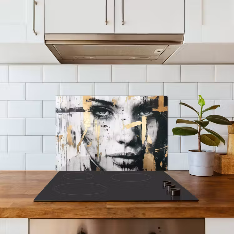 Spatscherm keuken - Portret - Vrouw - Penseelstreken - Goud — 3