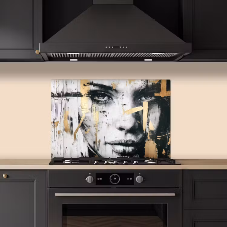 Spatscherm keuken - Portret - Vrouw - Penseelstreken - Goud — 5