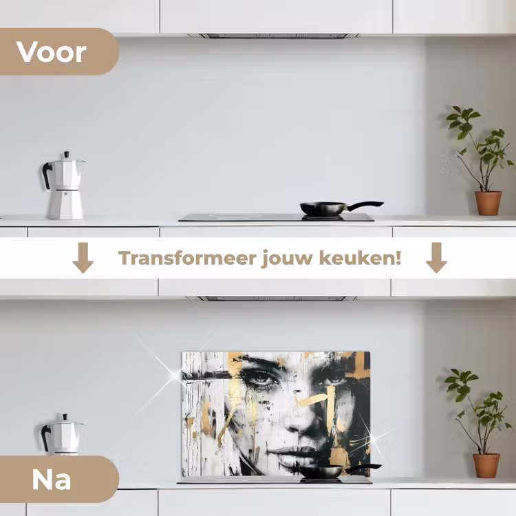Spatscherm keuken - Portret - Vrouw - Penseelstreken - Goud — 7