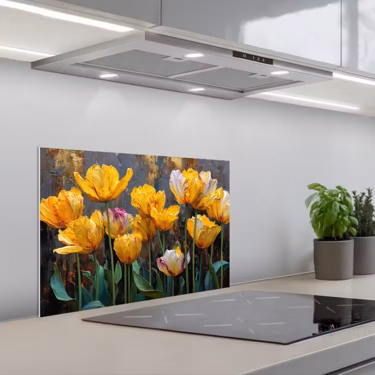 Spatscherm keuken - Tulpen - Geel - Penseelstreken - Abstract — 1