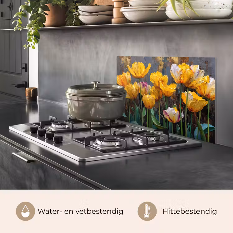 Spatscherm keuken - Tulpen - Geel - Penseelstreken - Abstract — 2