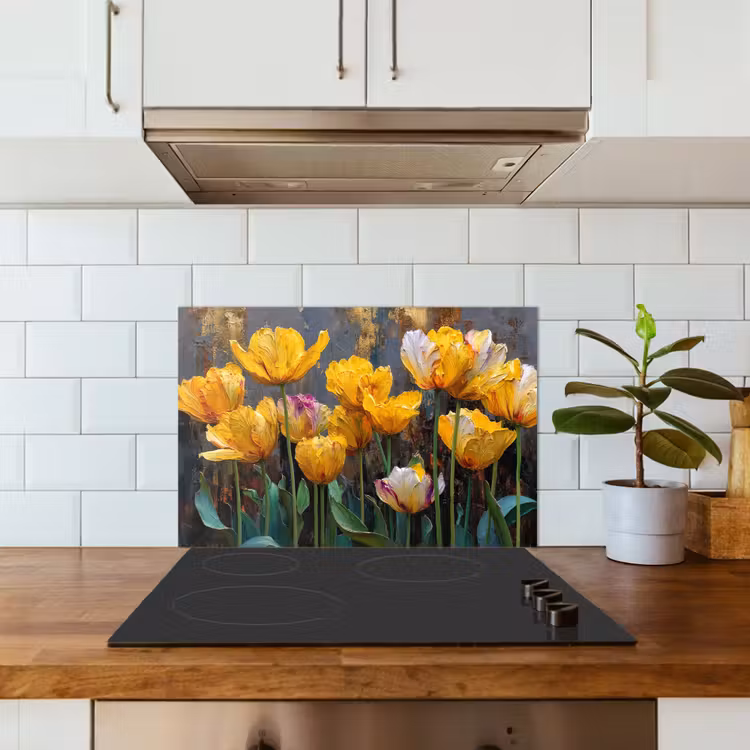 Spatscherm keuken - Tulpen - Geel - Penseelstreken - Abstract — 3