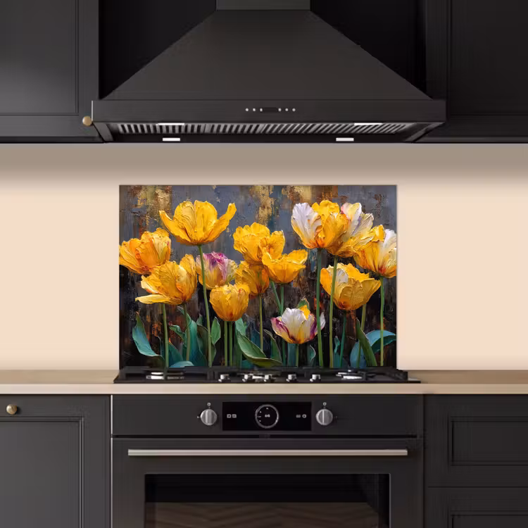 Spatscherm keuken - Tulpen - Geel - Penseelstreken - Abstract — 5
