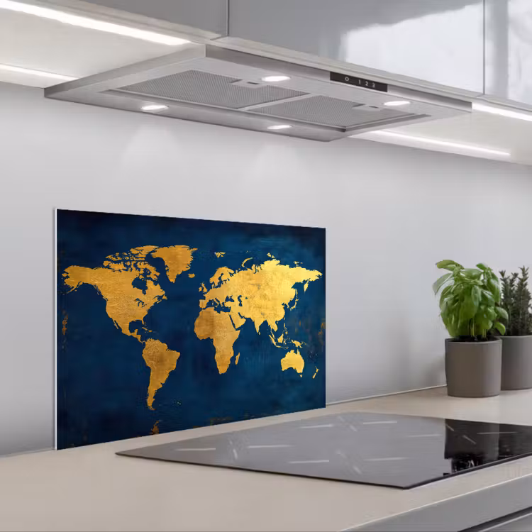 Spatscherm keuken - Wereldkaart - Goud - Donkerblauw — 1