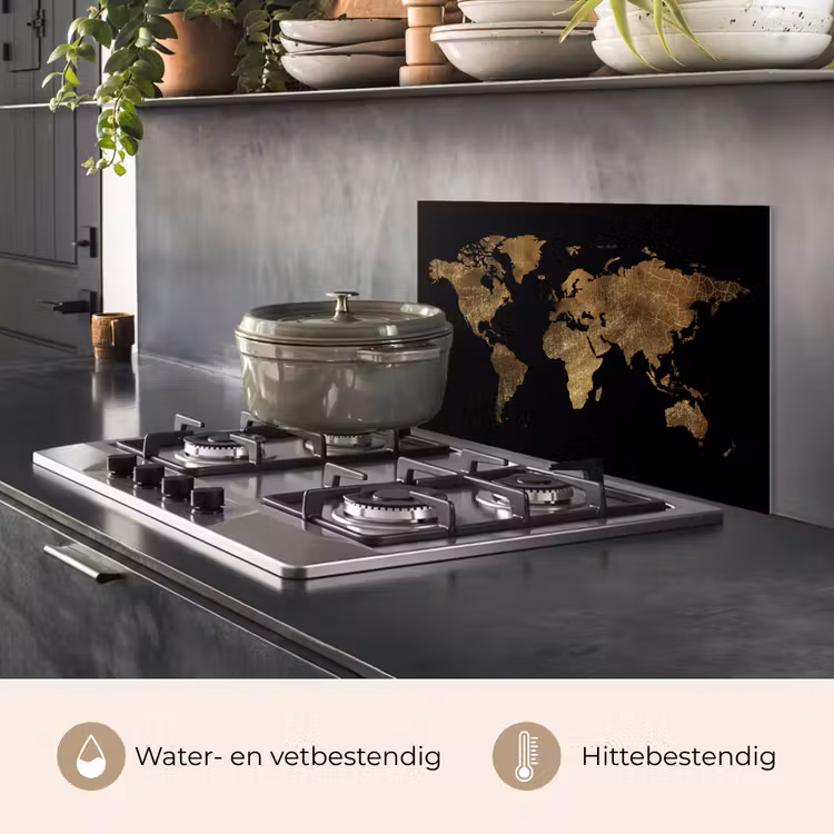 Spatscherm keuken - Wereldkaart - Goud - Luxe - Aarde - Zwart — 2