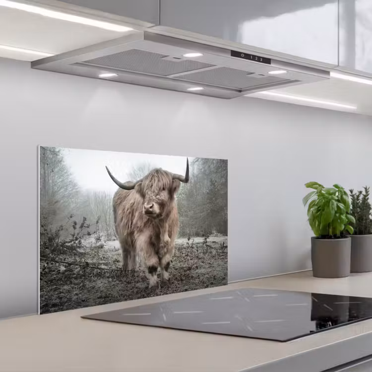 Spatscherm keuken - Schotse Hooglander - Bos - Mist - Koe - Dieren - Natuur — 1
