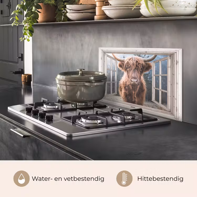 Spatscherm keuken - Schotse hooglander - Koe - Berg - Doorkijk — 2