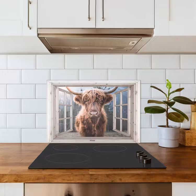 Spatscherm keuken - Schotse hooglander - Koe - Berg - Doorkijk — 3