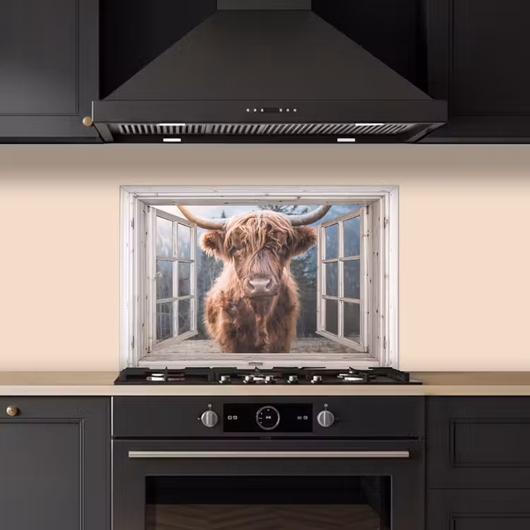 Spatscherm keuken - Schotse hooglander - Koe - Berg - Doorkijk — 5