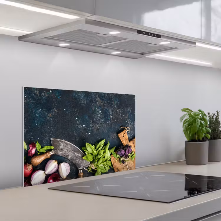 Spatscherm keuken - Groente - Kruiden - Wiegemes - Ui - Specerijen - Rustiek — 1