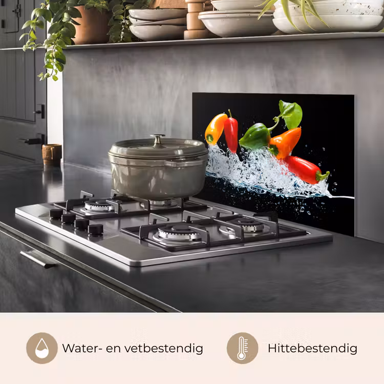 Spatscherm keuken - Pepers - Zwart - Groenten - Water - Blad — 2