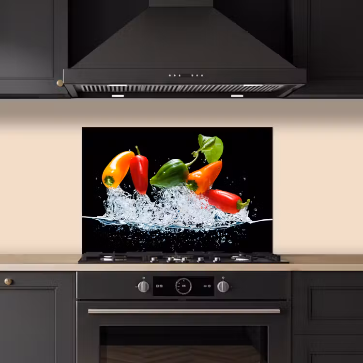 Spatscherm keuken - Pepers - Zwart - Groenten - Water - Blad — 5